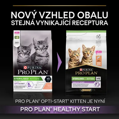 Porovnání starého a nového obalu krmiva PURINA PRO PLAN Sterilised Kitten. Nový název: Healthy Start místo Opti-Start. Text: Nový vzhled obalu, stejná vynikající receptura.