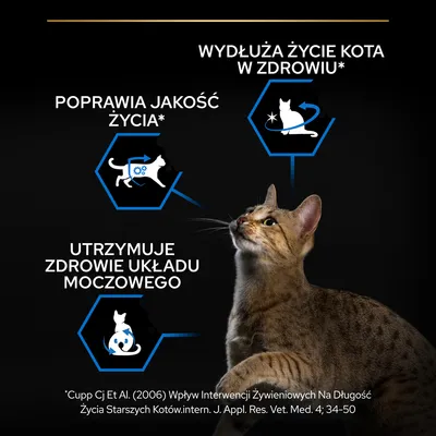 Wydłuża życie kota w zdrowiu, poprawia jakość życia, utrzymuje zdrowie układu moczowego. Źródło: Cupp CJ et al. (2006) Wpływ interwencji żywieniowych na długość życia starszych kotów.