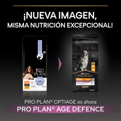 Comparativa de envases: Purina Pro Plan Optiage cambia a Pro Plan Age Defence. Texto: ¡Nueva imagen, misma nutrición excepcional! Medium & Large Adult 7+, 14 kg.