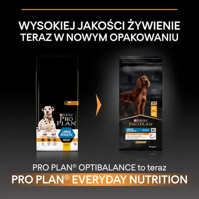 Porównanie starego i nowego opakowania karmy Purina Pro Plan Large Athletic Adult; zmiana nazwy z Optibalance na Everyday Nutrition. Widoczne teksty: wysokiej jakości żywienie, 2+, 14 kg.