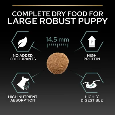 Complete dry food for large robust puppy, kibble size 14.5 mm, no added colourants, high protein, high nutrient absorption, highly digestible. All text in English.
