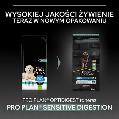 Purina Pro Plan Large Robust Puppy: zmiana opakowania i nazwy z Optidigest na Sensitive Digestion. Widoczne oba warianty opakowań, informacja o wysokiej jakości żywieniu.