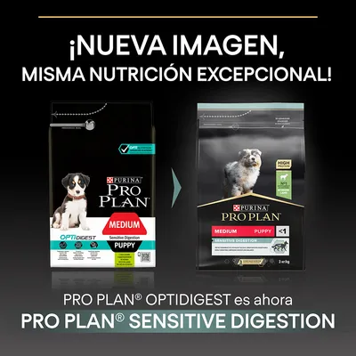 Comparativa de envases: Purina Pro Plan OptiDigest Medium Puppy ahora es Pro Plan Sensitive Digestion Medium Puppy. Texto: ¡Nueva imagen, misma nutrición excepcional!