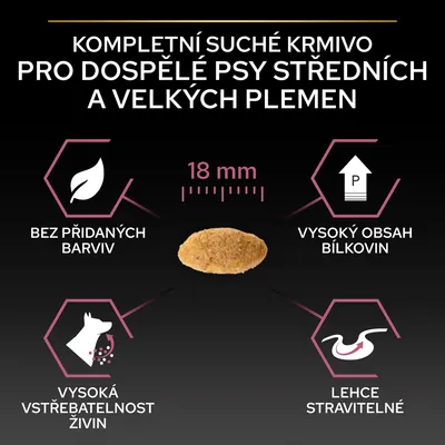 Kompletní suché krmivo pro dospělé psy středních a velkých plemen, granule 18 mm, bez přidaných barviv, vysoký obsah bílkovin, vysoká vstřebatelnost živin, lehce stravitelné.