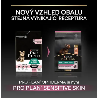 Porovnanie starého a nového balenia Purina Pro Plan Small & Mini Puppy Sensitive Skin. Nový vzhľad obalu, rovnaká receptúra. Optiderma je teraz Sensitive Skin.