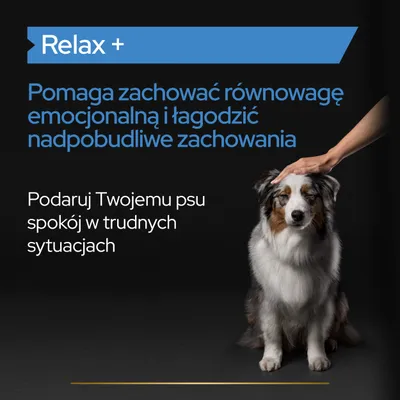 Relax+. Pomaga zachować równowagę emocjonalną i łagodzić nadpobudliwe zachowania. Podaruj Twojemu psu spokój w trudnych sytuacjach.
