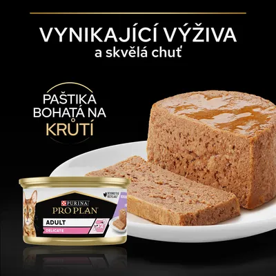 Purina Pro Plan Adult Delicate paštéta pre mačky, bohatá na morčacie. Text: Vynikající výživa a skvělá chuť, paštika bohatá na krůtí. Produkt a plátky paštéty na tanieri.