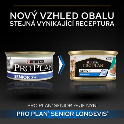 Zmena obalu: Purina Pro Plan Senior 7+ je teraz Purina Pro Plan Senior Longevis. Nový vzhľad obalu, rovnaká receptúra. Text v češtine.