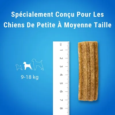 Friandise pour chiens, spécialement conçue pour chiens de petite à moyenne taille 9–18 kg, illustrée avec une règle en centimètres montrant la longueur du produit.
