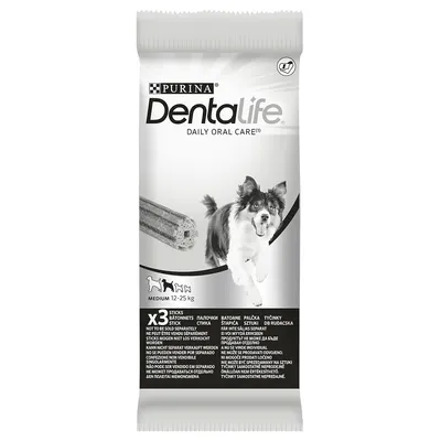 Purina Dentalife Daily Oral Care Medium voor honden 12-25 kg, verpakking met 3 sticks. Tandverzorgingsproduct voor dagelijks gebruik.