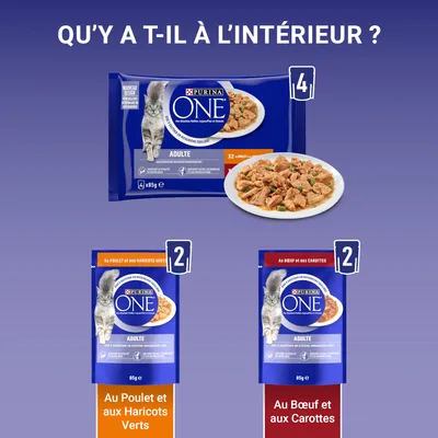 Pachet Purina ONE Adulte 4x85g: 2 plicuri cu pui și fasole verde, 2 plicuri cu vită și morcovi. Text în franceză pe ambalaj și imagine cu hrană umedă pentru pisici.