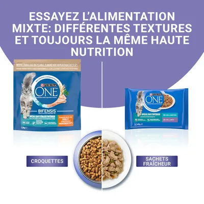 Essayez l’alimentation mixte : différentes textures et toujours la même haute nutrition. PURINA ONE Bifensis croquettes et sachets fraîcheur spécial chat stérilisé d’intérieur.