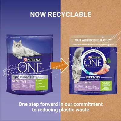 Purina One Sensitive packaging change to recyclable material, with text stating 'Now recyclable' and 'One step forward in our commitment to reducing plastic waste'.