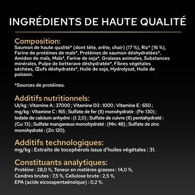 Liste des ingrédients, valeurs nutritionnelles et additifs : Protéine 28 %, matières grasses 14 %, vitamines A, D3, E, C, minéraux, EPA 0,2 %. Additifs technologiques : tocophérols issus d'huile végétale. Liste des ingrédients, valeurs nutritionnelles et additifs : Protéine 28 %, matières grasses 14 %, vitamines A, D3, E, C, minéraux, EPA 0,2 %. Additifs technologiques : tocophérols issus d'huile végétale.