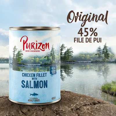 Conservă Purizon Chicken Fillet with Salmon pentru câini adulți, 400g. Text vizibil: Original, 45% file de pui, 45% chicken fillet.