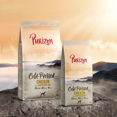 Purizon Cold-Pressed Chicken with rapeseed oil. 55% meat, 45% vegetables, 0% grain. Packaging in 12kg and 1kg sizes visible.