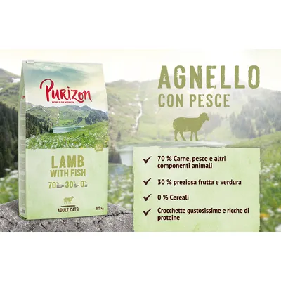 Purizon Lamb with Fish per gatti adulti 6,5 kg. Agnello con pesce. 70% carne, pesce e altri componenti animali, 30% frutta e verdura, 0% cereali, crocchette ricche di proteine.