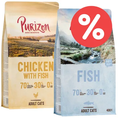 Purizon Chicken with Fish y Purizon Fish para gatos adultos, 70 % ingredientes animales, 30 % frutas y hierbas, 0 % cereales añadidos. Paquete con símbolo de porcentaje de oferta.