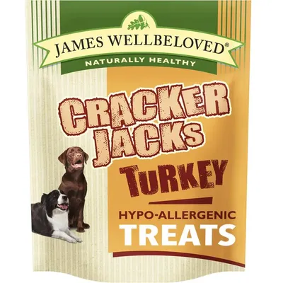 James Wellbeloved Cracker Jacks Turkey hypo-allergenic treats, naturally healthy, as shown on product packaging with two dogs pictured.