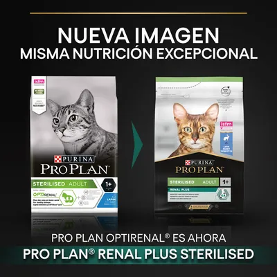 Cambio de imagen en el envase de Purina Pro Plan para gatos esterilizados adulto 1+, de Optirenal a Renal Plus Sterilised. Texto: Nueva imagen, misma nutrición excepcional.