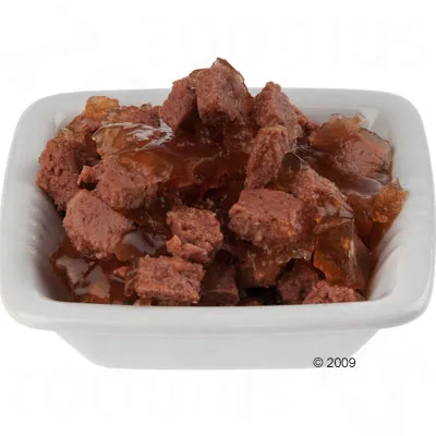Primo piano di pezzi di carne in gelatina, serviti in una ciotola bianca.