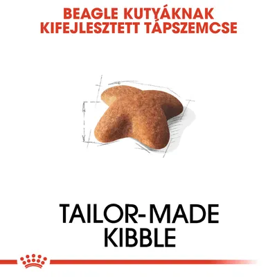 Beagle kutyáknak kifejlesztett tápszemcse. Tailor-made kibble felirat, egy barna, csillag alakú tápszemcse képe középen.