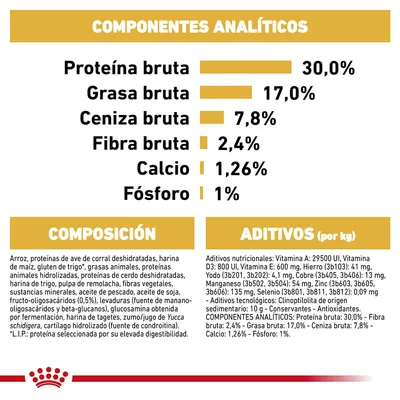 Componentes analíticos: proteína bruta 30,0 %, grasa bruta 17,0 %, ceniza bruta 7,8 %, fibra bruta 2,4 %, calcio 1,26 %, fósforo 1 %. Composición y aditivos detallados visibles.