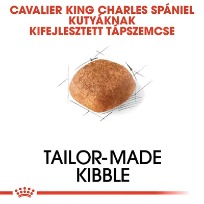 Cavalier King Charles spániel kutyáknak kifejlesztett tápszemcse. Tailor-made kibble felirat, egy darab táp szemcse képe.