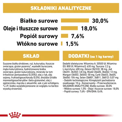 Składniki analityczne: białko surowe 30 %, oleje i tłuszcze surowe 18 %, popiół surowy 7,6 %, włókno surowe 1,5 %. Skład i dodatki podane szczegółowo poniżej.