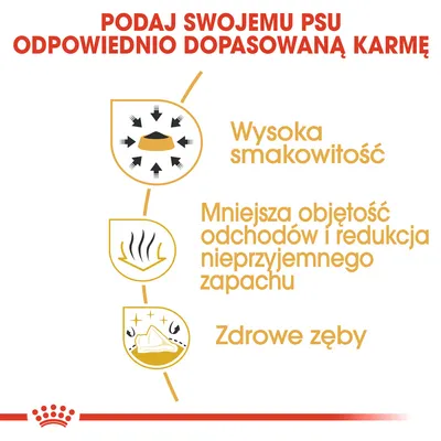 Podaj swojemu psu odpowiednio dopasowaną karmę. Wysoka smakowitość, mniejsza objętość odchodów i redukcja nieprzyjemnego zapachu, zdrowe zęby.