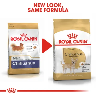 Royal Canin Adult Chihuahua -koiranruokapakkausten ulkoasu muuttuu, koostumus pysyy samana. Vasemmalla vanha pakkaus, oikealla uusi pakkaus, molemmissa näkyy tuotteen nimi ja kuva koirasta.