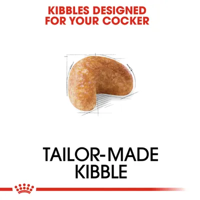 Kibbles designed for your cocker. Tailor-made kibble shown with a close-up image of the unique kibble shape.