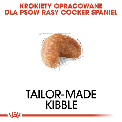 Krokiety opracowane dla psów rasy Cocker Spaniel, napis: Tailor-made kibble, widoczny pojedynczy krokiet na białym tle.