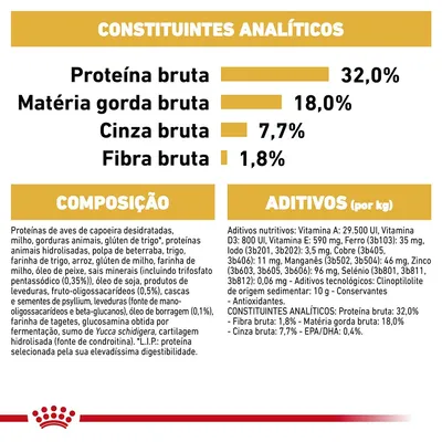 Constituintes analíticos: proteína bruta 32 %, matéria gorda bruta 18 %, cinza bruta 7,7 %, fibra bruta 1,8 %. Composição e aditivos detalhados para alimento de animal. Constituintes analíticos: proteína bruta 32 %, matéria gorda bruta 18 %, cinza bruta 7,7 %, fibra bruta 1,8 %. Composição e aditivos detalhados para alimento de animal.