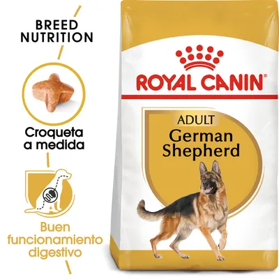 ROYAL CANIN ADULT German Shepherd, croqueta a medida, buen funcionamiento digestivo. Imagen de un pastor alemán en el envase.