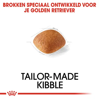 Brokken speciaal ontwikkeld voor je Golden Retriever. Tailor-made kibble. Afbeelding van een enkele brok hondenvoer.