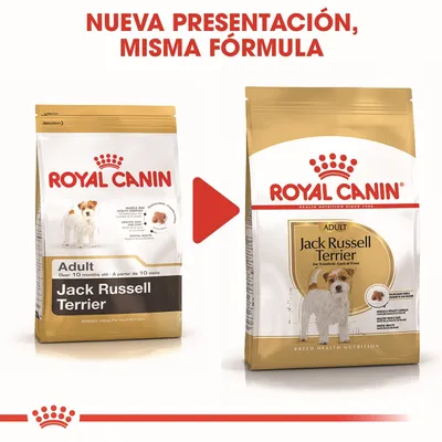 Cambio de envase de Royal Canin Jack Russell Terrier Adult, misma fórmula. Se muestran dos bolsas con el texto 'Nueva presentación, misma fórmula'.