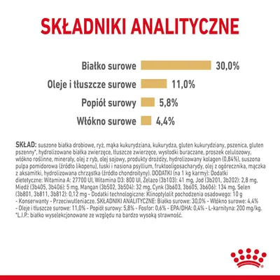 Składniki analityczne: białko surowe 30,0 %, oleje i tłuszcze surowe 11,0 %, popiół surowy 5,8 %, włókno surowe 4,4 %. Widoczny szczegółowy skład i dodatki.