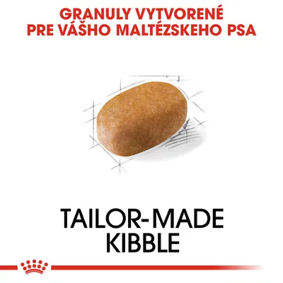 Granuly vytvorené pre vášho maltézskeho psa. TAILOR-MADE KIBBLE. Zobrazená jedna granula krmiva.