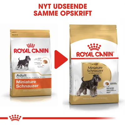 Royal Canin Adult Miniature Schnauzer hundefoder, to poser med forskelligt design. Tekst øverst: NYT UDSEENDE SAMME OPSKRIFT.