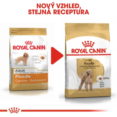 Porovnání starého a nového obalu krmiva Royal Canin Adult Poodle Caniche/Barboncino s textem: Nový vzhled, stejná receptura.