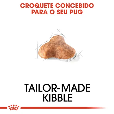 Texto: Croquete concebido para o seu Pug. Tailor-made kibble. Imagem de um croquete castanho em destaque no centro.