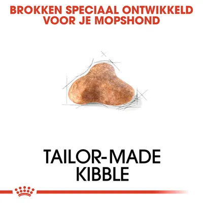 Brokken speciaal ontwikkeld voor je mopshond. Tailor-made kibble. Afbeelding van een brok in unieke vorm.