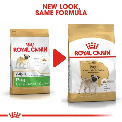 Royal Canin Pug Adult food packaging change shown side by side with text 'New look, same formula'. Both bags display product name and key features for dogs over 10 months old.