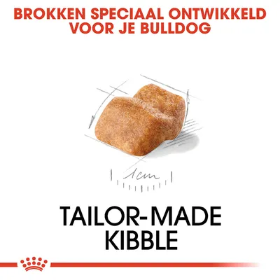Brokken speciaal ontwikkeld voor je bulldog. Tailor-made kibble. Afbeelding van een brok met maatindicatie 1 cm.