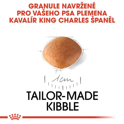 Granule navržené pro vašeho psa plemena Kavalír King Charles španěl, obrázek granule s popisem 1 cm, text: TAILOR-MADE KIBBLE