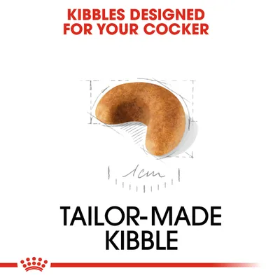 Image showing tailor-made kibble, designed for cocker breeds, with a diagram indicating the kibble is approximately 1cm in size.