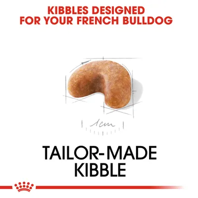 Kibble designed for French Bulldogs, showing a tailor-made kibble piece with a size reference of 1cm.