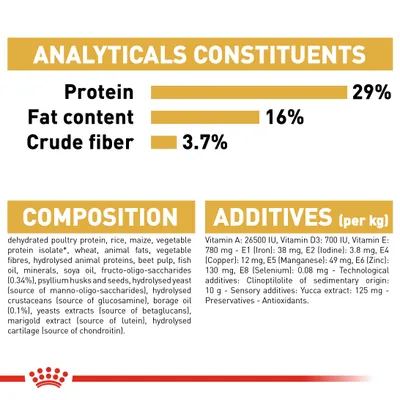 Ravintoarvot: proteiini 29 %, rasva 16 %, kuitu 3,7 %. Koostumus ja lisäaineet englanniksi: dehydrated poultry protein, rice, maize, vitamiinit, kivennäiset ym.