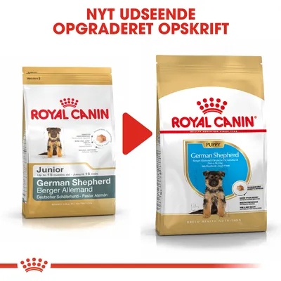 Royal Canin German Shepherd Junior og Puppy tørfoderposer med teksten 'NYT UDSEENDE OPGRADERET OPSKRIFT'. Synlig tekst: German Shepherd, Berger Allemand, Puppy, Junior.